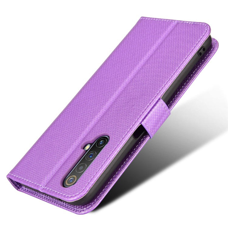 For Realme X50 5G/Realme X3 Diamond Texture Phone Case Cover Shockproof PU Leather Wallet Stand Cell Phone Shell with Strap - Purple