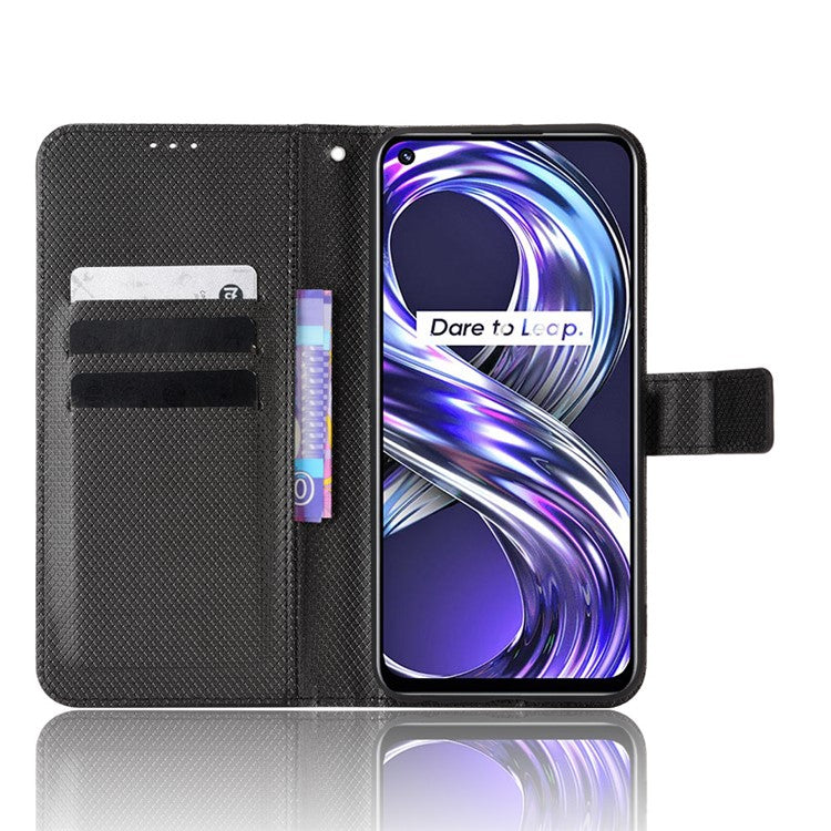 Smartphone Case Bag for Realme 8i/Narzo 50 4G, Diamond Texture PU Leather Wallet Stand Cover Anti-scratch Cell Phone Shell with Strap - Black