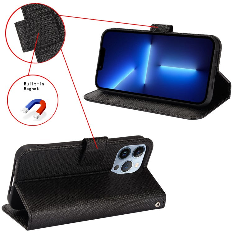 Smartphone Case Bag for Realme 8i/Narzo 50 4G, Diamond Texture PU Leather Wallet Stand Cover Anti-scratch Cell Phone Shell with Strap - Black
