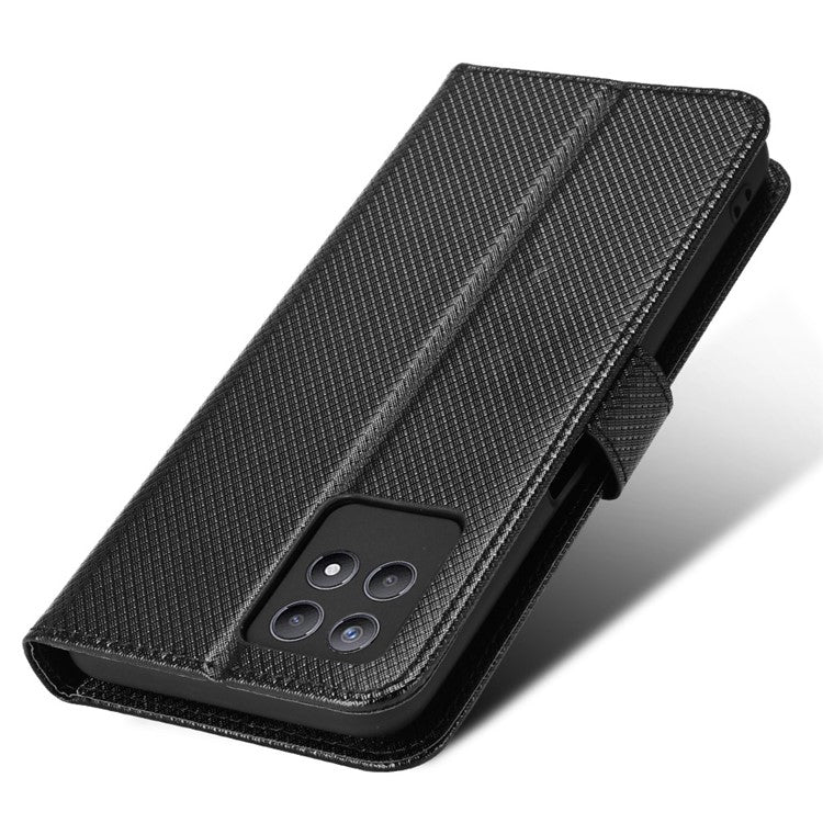 Smartphone Case Bag for Realme 8i/Narzo 50 4G, Diamond Texture PU Leather Wallet Stand Cover Anti-scratch Cell Phone Shell with Strap - Black