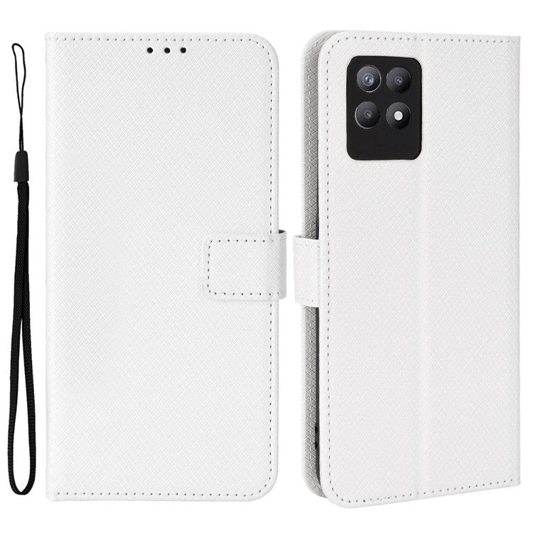 Smartphone Case Bag for Realme 8i/Narzo 50 4G, Diamond Texture PU Leather Wallet Stand Cover Anti-scratch Cell Phone Shell with Strap - White