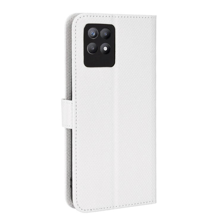Smartphone Case Bag for Realme 8i/Narzo 50 4G, Diamond Texture PU Leather Wallet Stand Cover Anti-scratch Cell Phone Shell with Strap - White