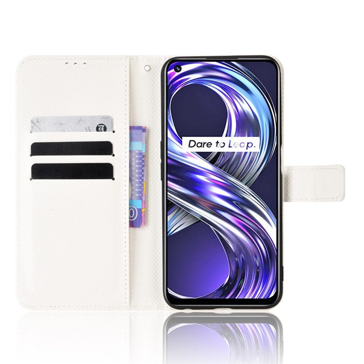 Smartphone Case Bag for Realme 8i/Narzo 50 4G, Diamond Texture PU Leather Wallet Stand Cover Anti-scratch Cell Phone Shell with Strap - White