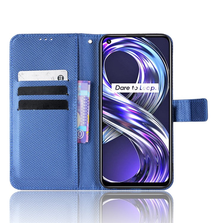 Smartphone Case Bag for Realme 8i/Narzo 50 4G, Diamond Texture PU Leather Wallet Stand Cover Anti-scratch Cell Phone Shell with Strap - Blue