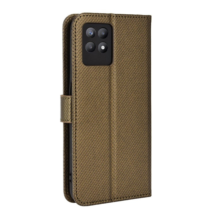 Smartphone Case Bag for Realme 8i/Narzo 50 4G, Diamond Texture PU Leather Wallet Stand Cover Anti-scratch Cell Phone Shell with Strap - Brown