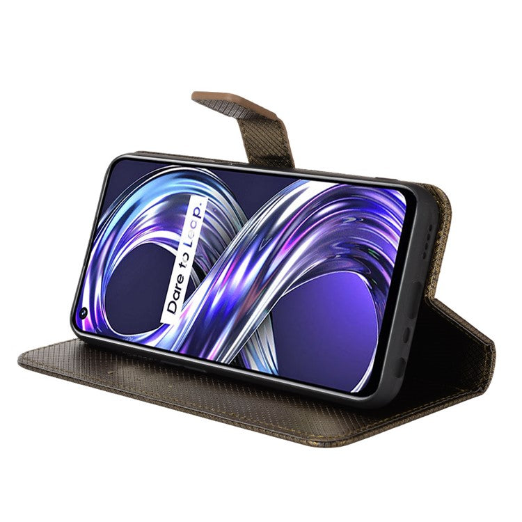 Smartphone Case Bag for Realme 8i/Narzo 50 4G, Diamond Texture PU Leather Wallet Stand Cover Anti-scratch Cell Phone Shell with Strap - Brown