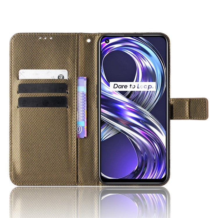 Smartphone Case Bag for Realme 8i/Narzo 50 4G, Diamond Texture PU Leather Wallet Stand Cover Anti-scratch Cell Phone Shell with Strap - Brown