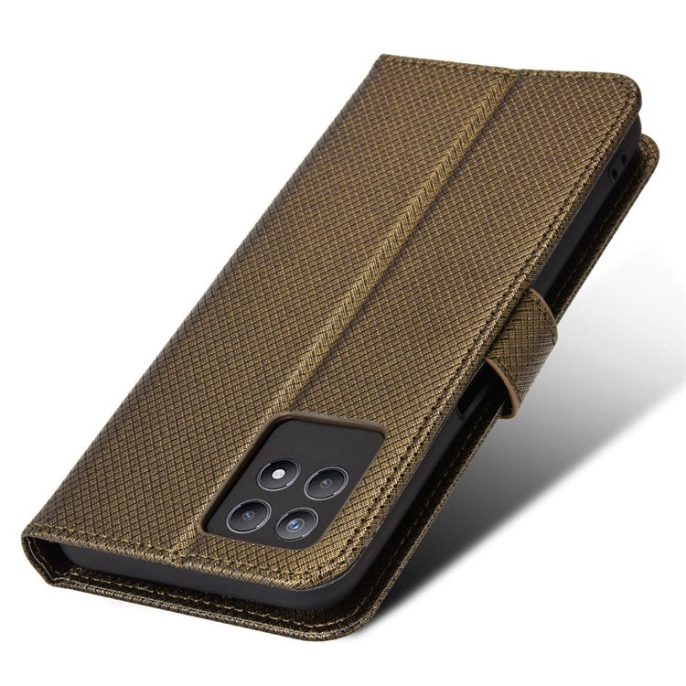Smartphone Case Bag for Realme 8i/Narzo 50 4G, Diamond Texture PU Leather Wallet Stand Cover Anti-scratch Cell Phone Shell with Strap - Brown