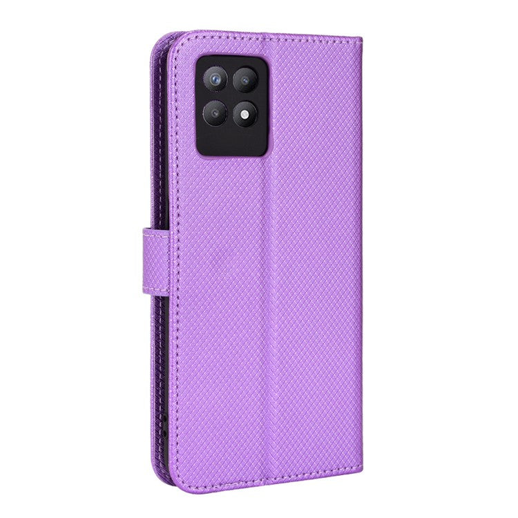 Smartphone Case Bag for Realme 8i/Narzo 50 4G, Diamond Texture PU Leather Wallet Stand Cover Anti-scratch Cell Phone Shell with Strap - Purple