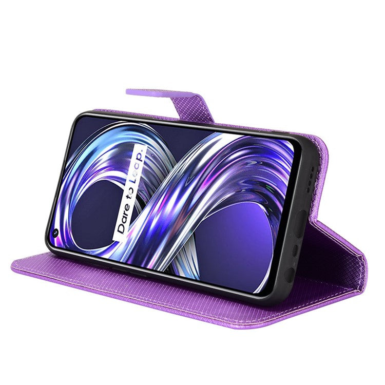 Smartphone Case Bag for Realme 8i/Narzo 50 4G, Diamond Texture PU Leather Wallet Stand Cover Anti-scratch Cell Phone Shell with Strap - Purple