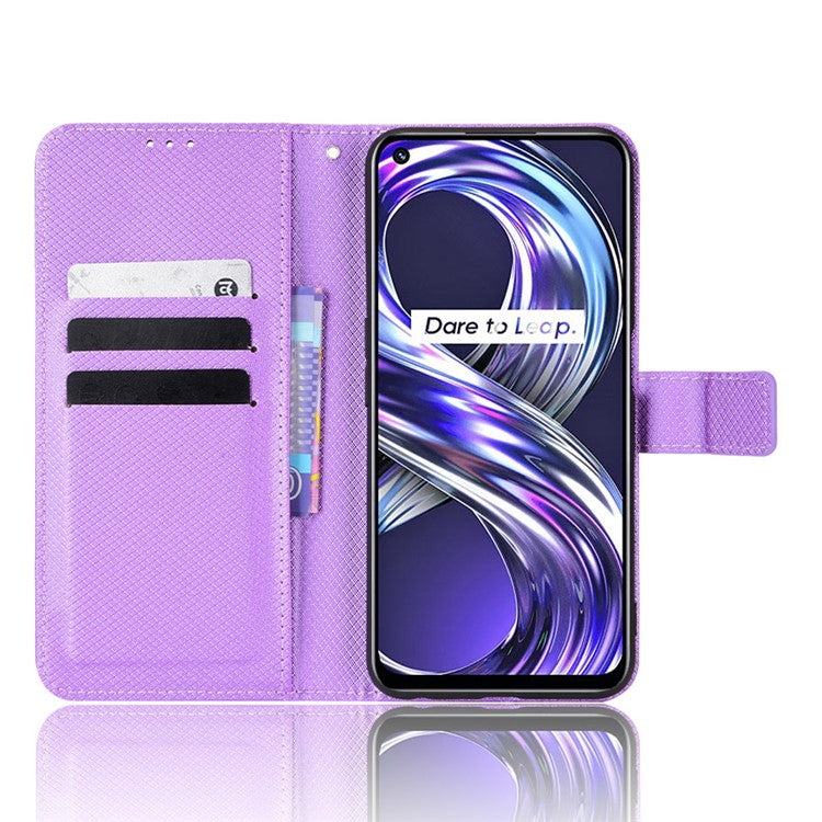 Smartphone Case Bag for Realme 8i/Narzo 50 4G, Diamond Texture PU Leather Wallet Stand Cover Anti-scratch Cell Phone Shell with Strap - Purple