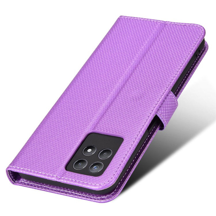 Smartphone Case Bag for Realme 8i/Narzo 50 4G, Diamond Texture PU Leather Wallet Stand Cover Anti-scratch Cell Phone Shell with Strap - Purple