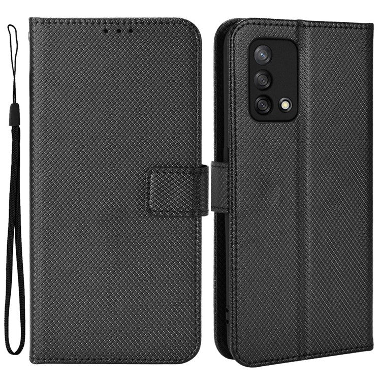 For Oppo A74 4G/Oppo F19 PU Leather Phone Case Wallet Stand Cover Anti-scratch Diamond Texture Phone Cover with Strap - Black