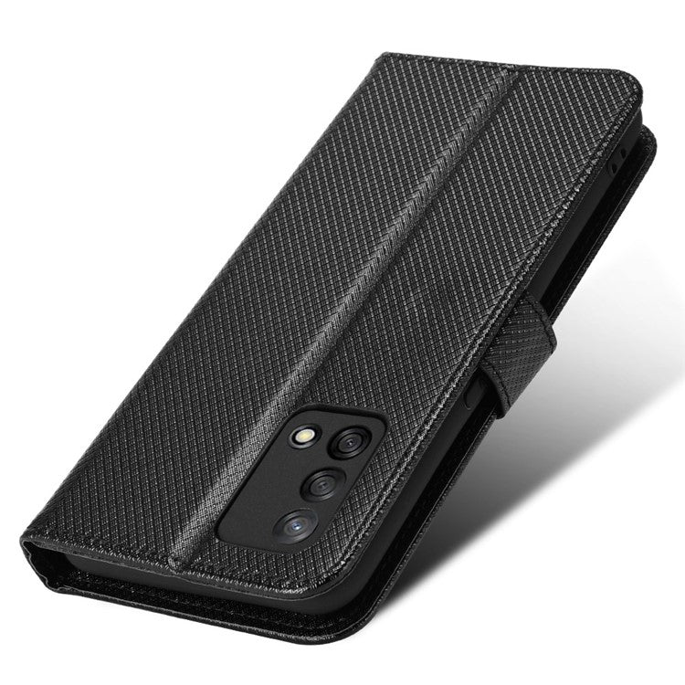 For Oppo A74 4G/Oppo F19 PU Leather Phone Case Wallet Stand Cover Anti-scratch Diamond Texture Phone Cover with Strap - Black