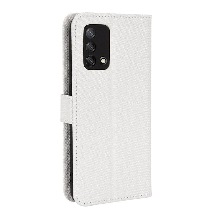 For Oppo A74 4G/Oppo F19 PU Leather Phone Case Wallet Stand Cover Anti-scratch Diamond Texture Phone Cover with Strap - White