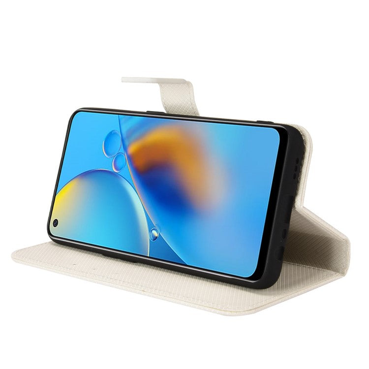 For Oppo A74 4G/Oppo F19 PU Leather Phone Case Wallet Stand Cover Anti-scratch Diamond Texture Phone Cover with Strap - White