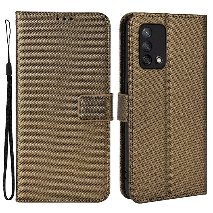 For Oppo A74 4G/Oppo F19 PU Leather Phone Case Wallet Stand Cover Anti-scratch Diamond Texture Phone Cover with Strap - Brown