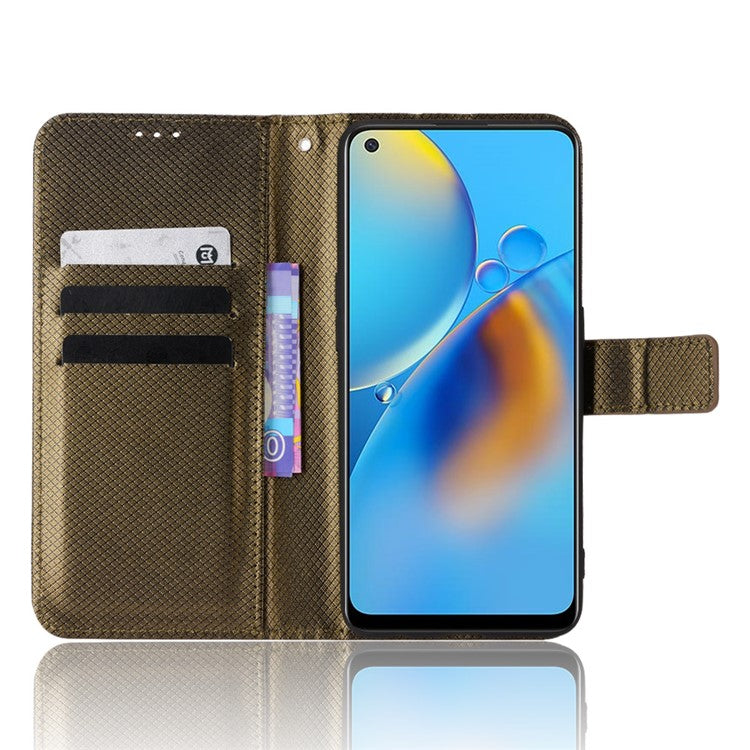 For Oppo A74 4G/Oppo F19 PU Leather Phone Case Wallet Stand Cover Anti-scratch Diamond Texture Phone Cover with Strap - Brown