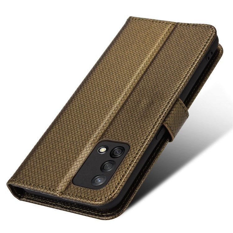 For Oppo A74 4G/Oppo F19 PU Leather Phone Case Wallet Stand Cover Anti-scratch Diamond Texture Phone Cover with Strap - Brown