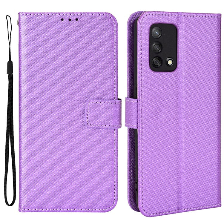 For Oppo A74 4G/Oppo F19 PU Leather Phone Case Wallet Stand Cover Anti-scratch Diamond Texture Phone Cover with Strap - Purple