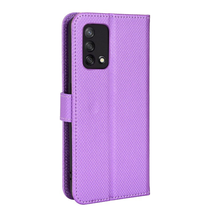 For Oppo A74 4G/Oppo F19 PU Leather Phone Case Wallet Stand Cover Anti-scratch Diamond Texture Phone Cover with Strap - Purple