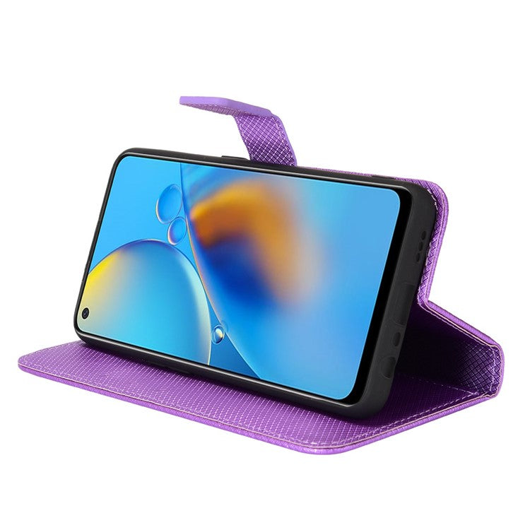 For Oppo A74 4G/Oppo F19 PU Leather Phone Case Wallet Stand Cover Anti-scratch Diamond Texture Phone Cover with Strap - Purple