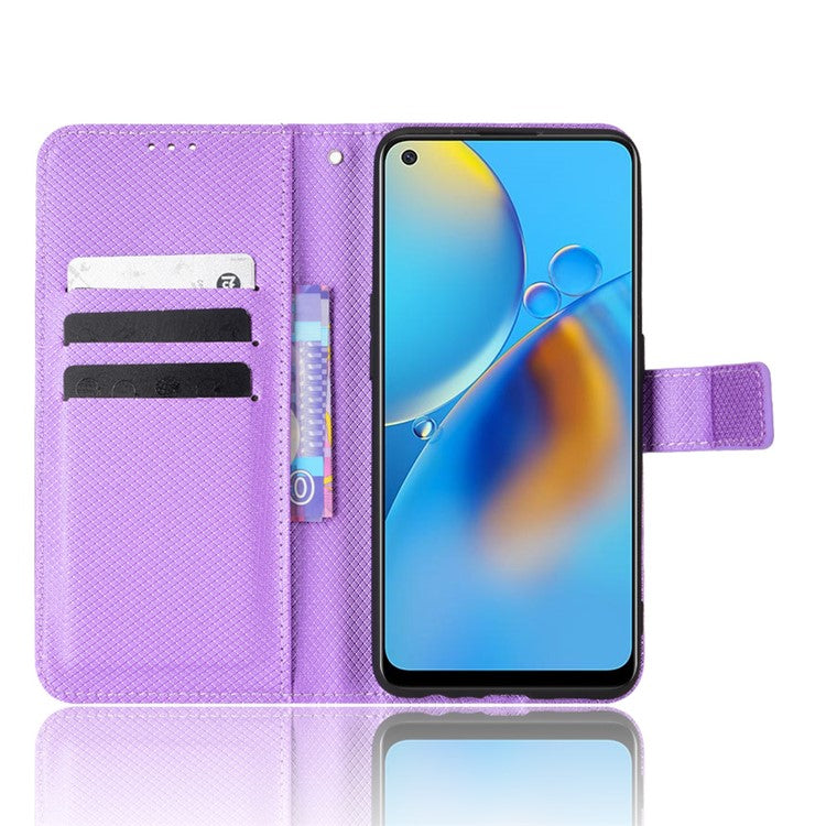 For Oppo A74 4G/Oppo F19 PU Leather Phone Case Wallet Stand Cover Anti-scratch Diamond Texture Phone Cover with Strap - Purple