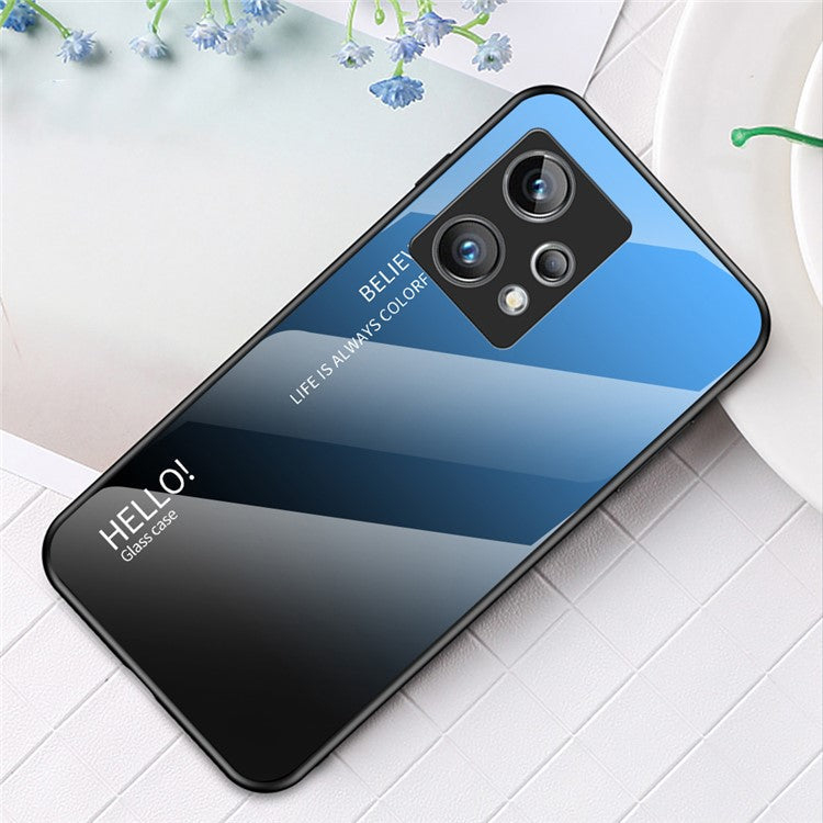 For Realme 9 Pro+ Tempered Glass + PC Back + TPU Frame Mobile Phone Case Gradient Color Shell - Gradient Blue Black