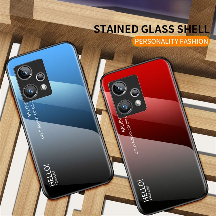 For Realme 9 Pro+ Tempered Glass + PC Back + TPU Frame Mobile Phone Case Gradient Color Shell - Gradient Blue Black