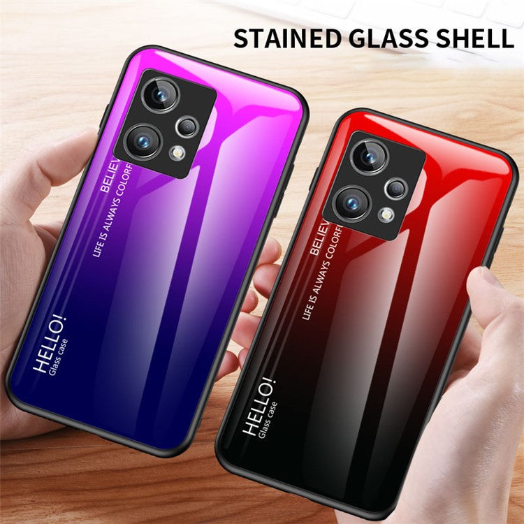 For Realme 9 Pro+ Tempered Glass + PC Back + TPU Frame Mobile Phone Case Gradient Color Shell - Gradient Blue Black