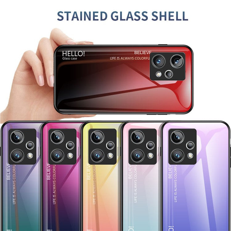 For Realme 9 Pro+ Tempered Glass + PC Back + TPU Frame Mobile Phone Case Gradient Color Shell - Gradient Blue Black