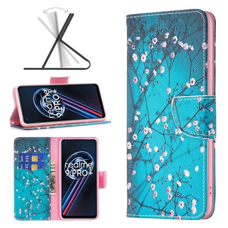 For Realme 9 Pro+ Pattern Printing PU Leather Case Magnetic Closure Stand Wallet Style Flip Cover - Plum Blossom