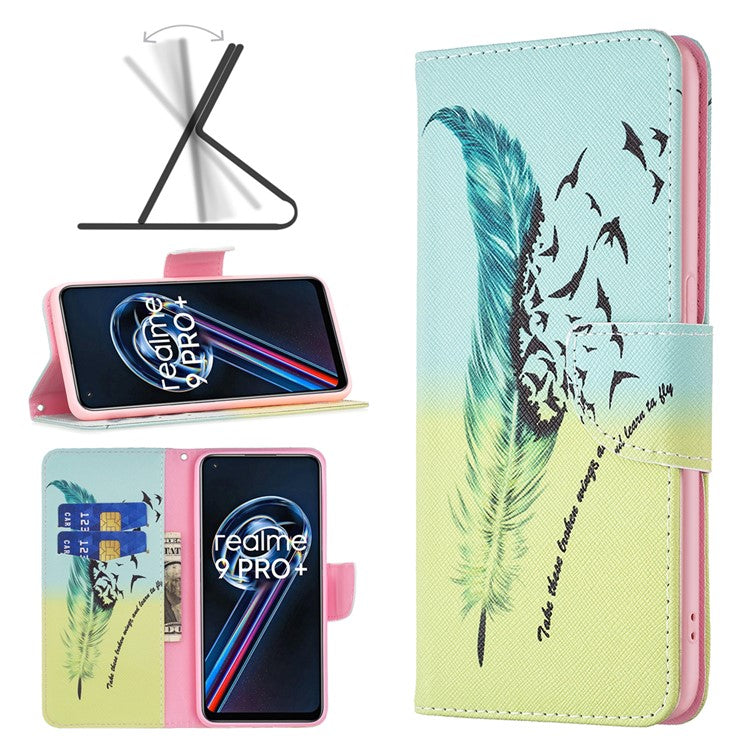 For Realme 9 Pro+ Pattern Printing PU Leather Case Magnetic Closure Stand Wallet Style Flip Cover - Feather and Birds