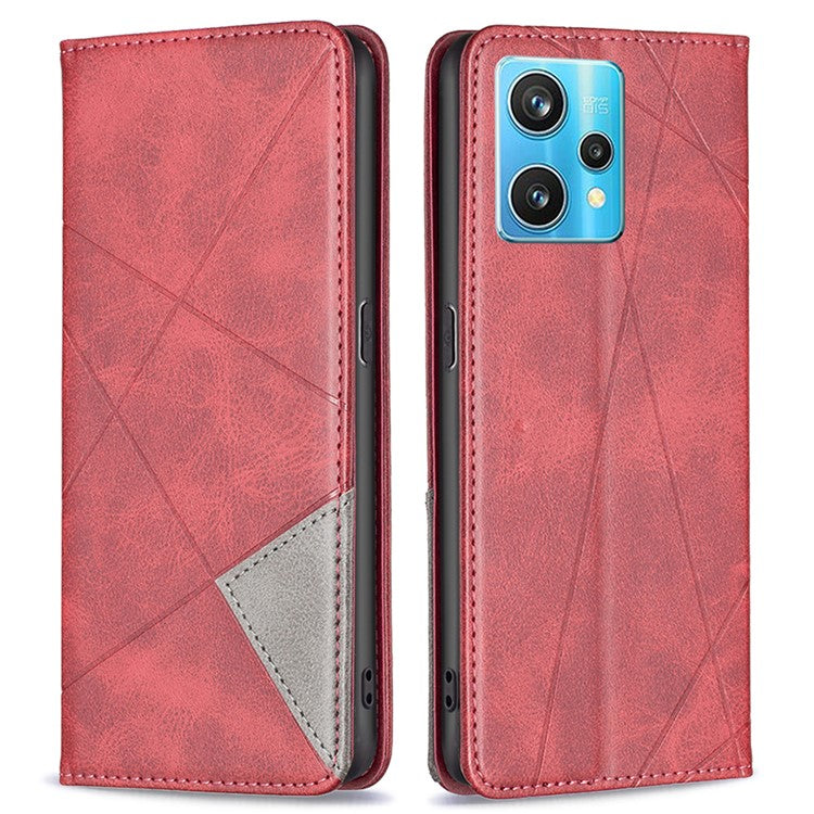For Realme 9 Pro+ Imprinting Pattern Splicing Design Cover with Card Slots PU Leather + TPU Stand Cell Phone Shell - Red