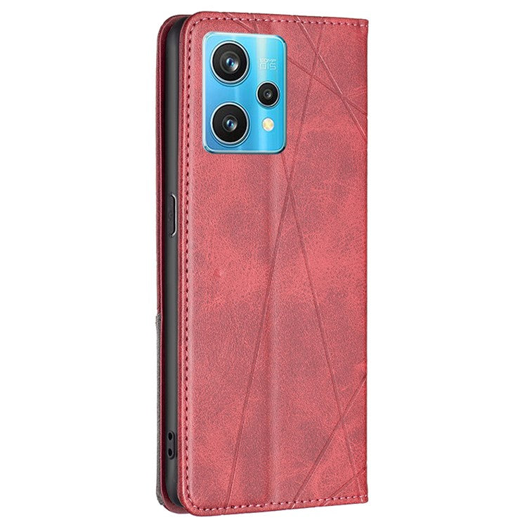 For Realme 9 Pro+ Imprinting Pattern Splicing Design Cover with Card Slots PU Leather + TPU Stand Cell Phone Shell - Red