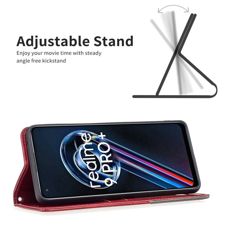 For Realme 9 Pro+ Imprinting Pattern Splicing Design Cover with Card Slots PU Leather + TPU Stand Cell Phone Shell - Red