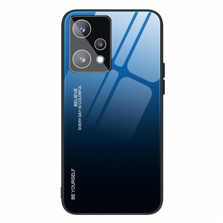 For Realme 9 Pro 5G / 9 5G / V25 Hard Tempered Glass Back + Soft TPU Edge Hybrid Phone Case Gradient Color Cellphone Protective Cover - Blue / Black