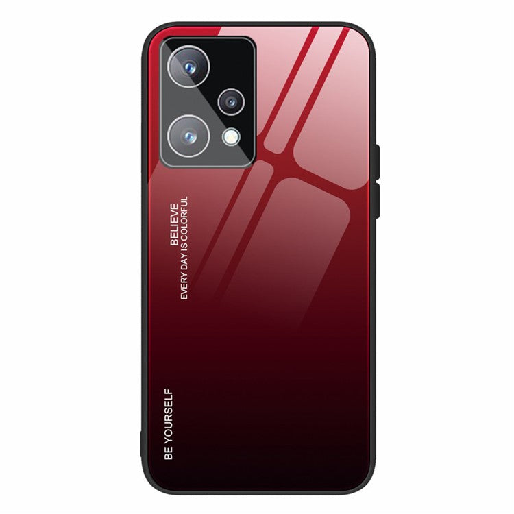 For Realme 9 Pro 5G / 9 5G / V25 Hard Tempered Glass Back + Soft TPU Edge Hybrid Phone Case Gradient Color Cellphone Protective Cover - Red / Black