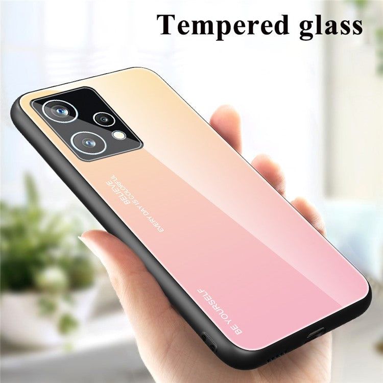 For Realme 9 Pro 5G / 9 5G / V25 Hard Tempered Glass Back + Soft TPU Edge Hybrid Phone Case Gradient Color Cellphone Protective Cover - Gold / Pink