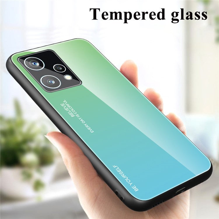 For Realme 9 Pro 5G / 9 5G / V25 Hard Tempered Glass Back + Soft TPU Edge Hybrid Phone Case Gradient Color Cellphone Protective Cover - Cyan / Blue
