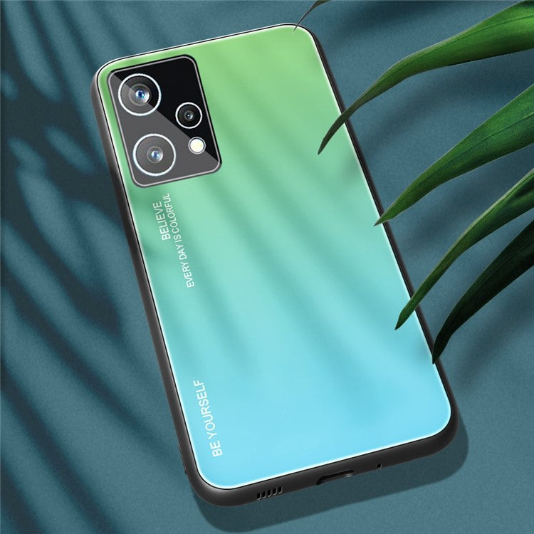 For Realme 9 Pro 5G / 9 5G / V25 Hard Tempered Glass Back + Soft TPU Edge Hybrid Phone Case Gradient Color Cellphone Protective Cover - Cyan / Blue