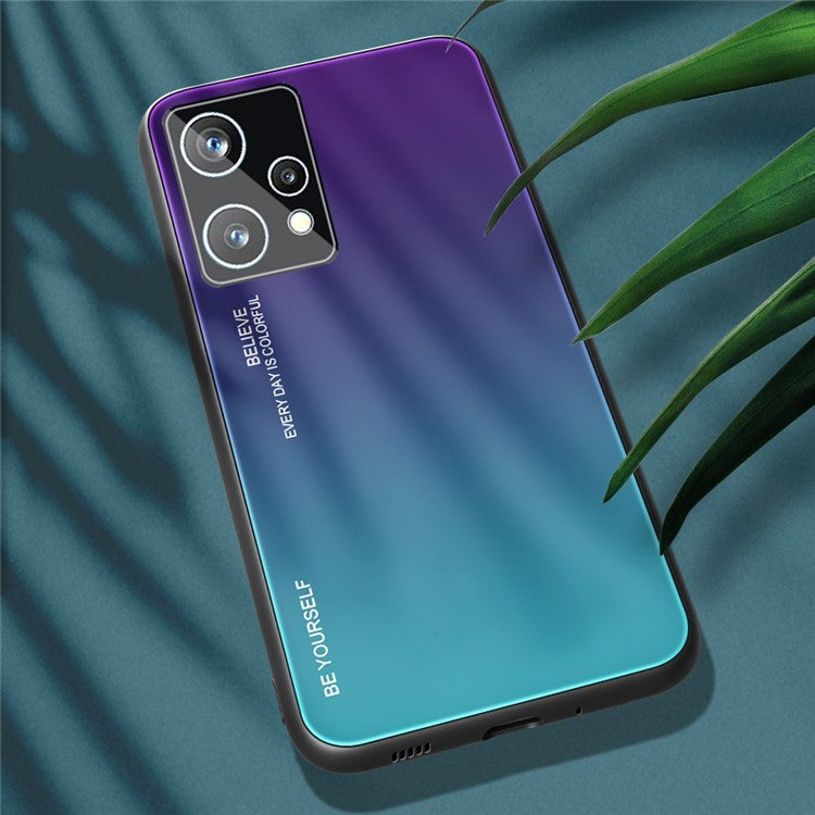 For Realme 9 Pro 5G / 9 5G / V25 Hard Tempered Glass Back + Soft TPU Edge Hybrid Phone Case Gradient Color Cellphone Protective Cover - Purple / Blue