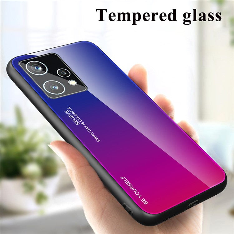 For Realme 9 Pro 5G / 9 5G / V25 Hard Tempered Glass Back + Soft TPU Edge Hybrid Phone Case Gradient Color Cellphone Protective Cover - Blue / Rose
