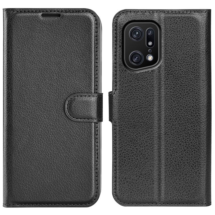 Litchi Texture Leather Cover for Oppo Find X5 Pro, Magnetic Clasp Wallet Stand Protective Phone Case - Black