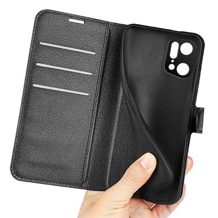 Litchi Texture Leather Cover for Oppo Find X5 Pro, Magnetic Clasp Wallet Stand Protective Phone Case - Black