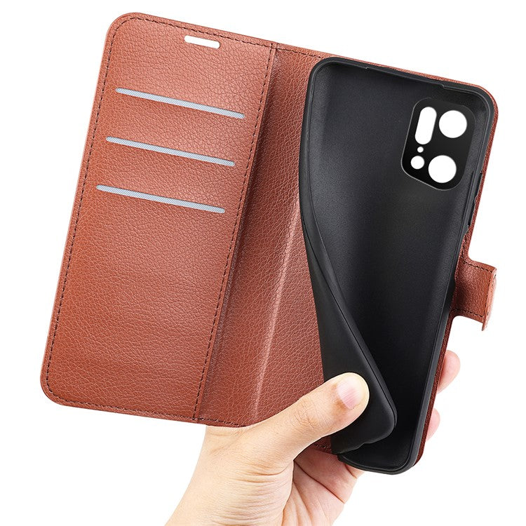 Litchi Texture Leather Cover for Oppo Find X5 Pro, Magnetic Clasp Wallet Stand Protective Phone Case - Brown