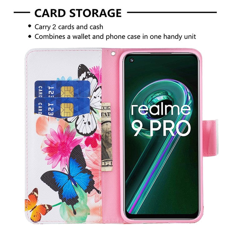 BF Pattern Printed Leather Case Series-1 for Realme 9 Pro 5G / 9 5G / V25 Anti-scratch Pattern Printed Wallet Stand Phone Case Shell - Two Butterflies