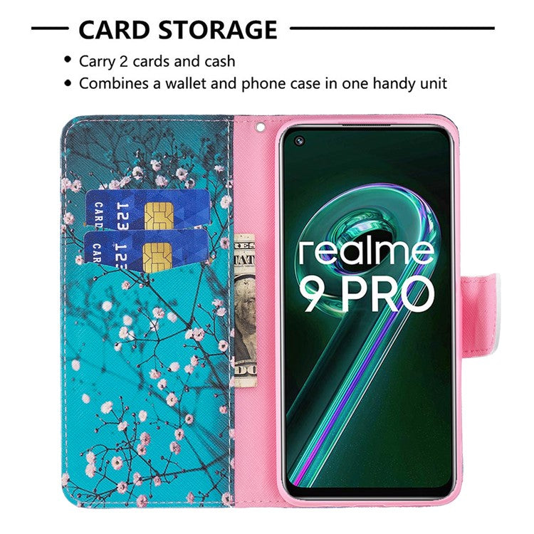 BF Pattern Printed Leather Case Series-1 for Realme 9 Pro 5G / 9 5G / V25 Anti-scratch Pattern Printed Wallet Stand Phone Case Shell - Plum Blossom