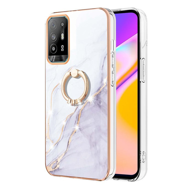 YB IMD Series-10 for Oppo A94 5G/A95 5G Light Slim IMD Rotating Ring Kickstand Design Marble Pattern Electroplating Frame TPU Soft Phone Case Shell - White 006