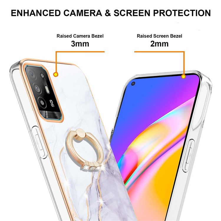 YB IMD Series-10 for Oppo A94 5G/A95 5G Light Slim IMD Rotating Ring Kickstand Design Marble Pattern Electroplating Frame TPU Soft Phone Case Shell - White 006